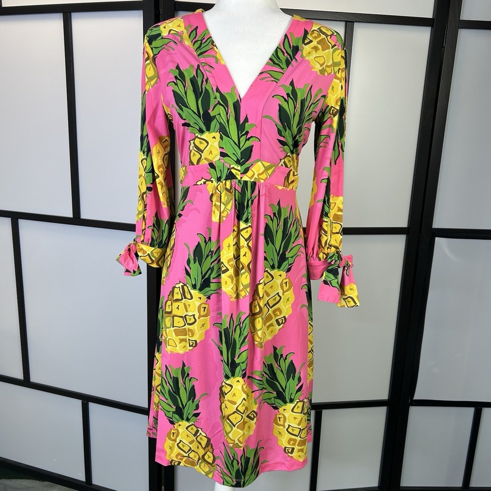 Trina Turk Kelso Pineapple Print Cut Out Pink Dress Sz 6 Girlhoodcore Long Sleev